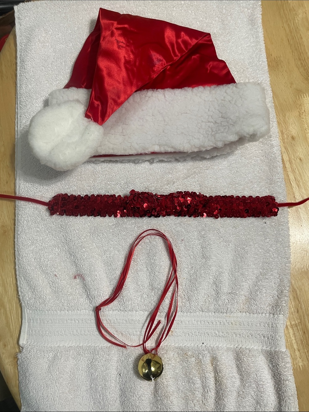 Red Satin Santa Hat with Sequin Choker and Jingle Bell Necklace